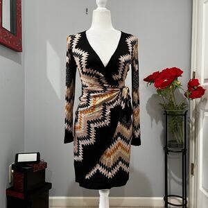 Cache Chevron Zig Zag Geometric Ikat Multicolored V-Neck Jersey Wrap Dress XS